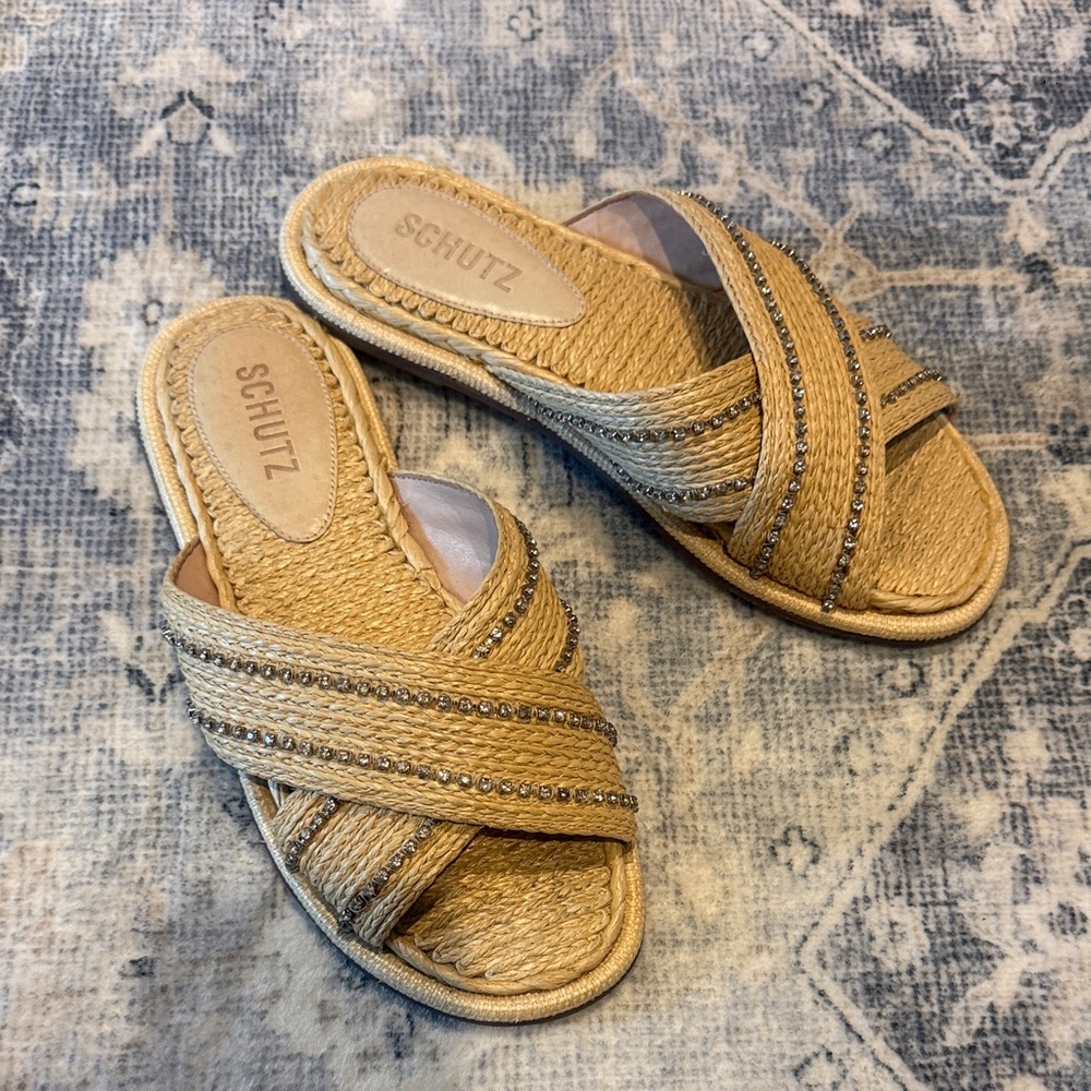 SCHUTZ Tan Braided Slide Sandals with Rhinestone Trim